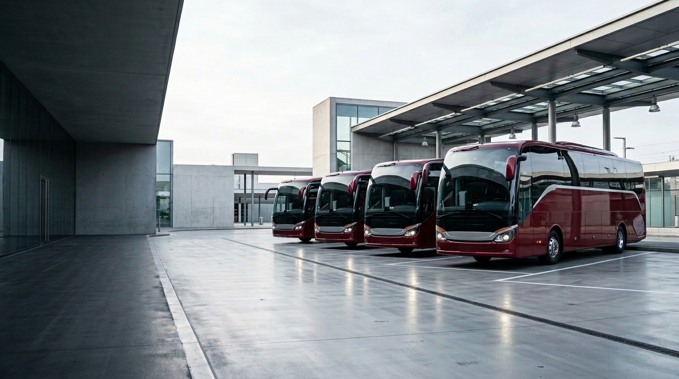 Flota autokarów Presto na nowoczesnym dworcu